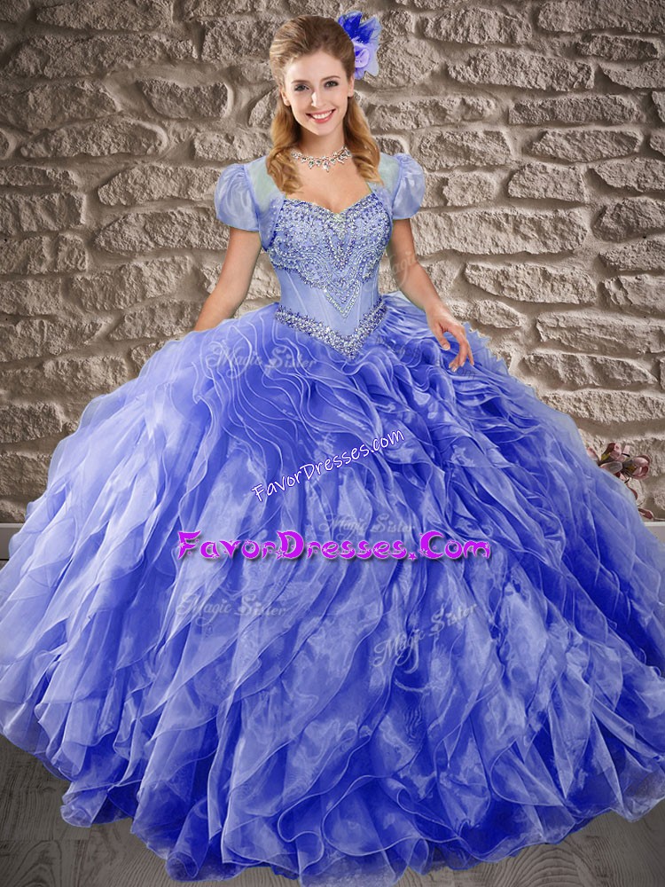  Blue Quince Ball Gowns Military Ball and Sweet 16 and Quinceanera with Beading and Ruffles Sweetheart Sleeveless Sweep Train Lace Up