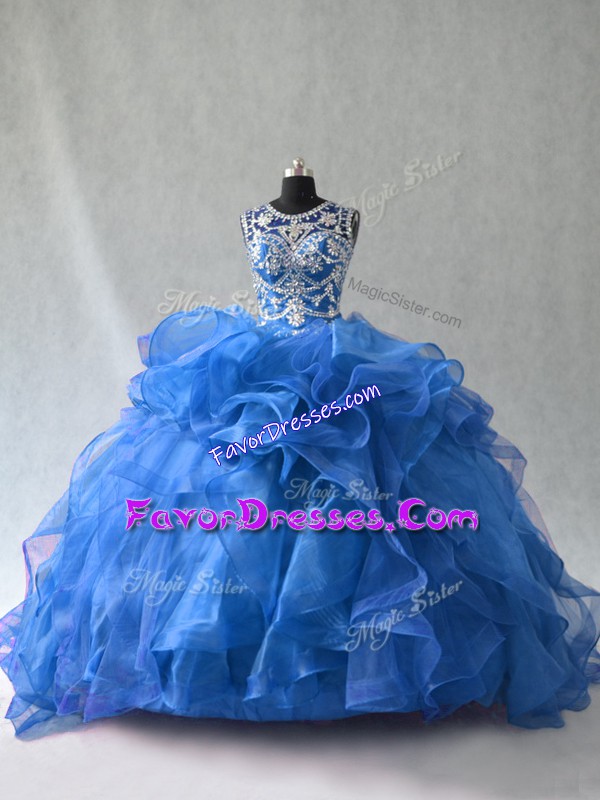 Affordable Blue Sleeveless Beading and Ruffles Floor Length Quinceanera Dress