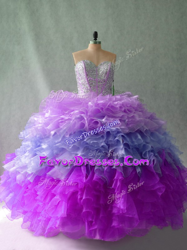 Spectacular Multi-color Organza Lace Up Sweetheart Sleeveless Floor Length 15th Birthday Dress Beading and Ruffles
