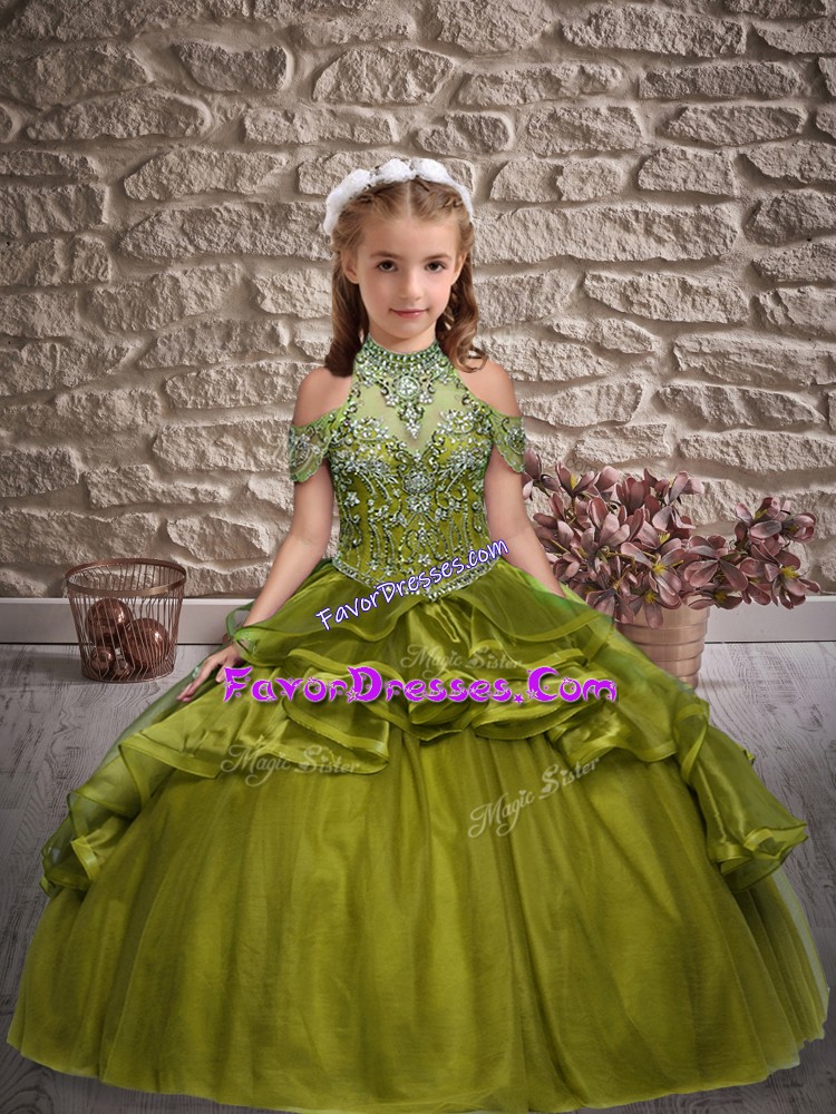 Cheap Sleeveless Lace Up Floor Length Beading and Ruffles Little Girls Pageant Dress Wholesale