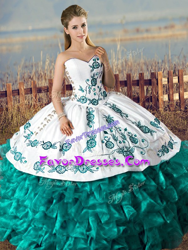 Luxurious Satin and Organza Sweetheart Sleeveless Lace Up Embroidery and Ruffles 15th Birthday Dress in Teal 