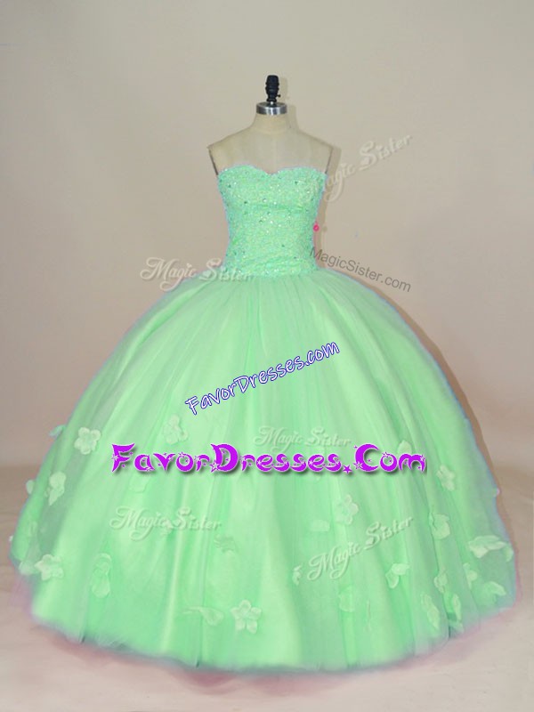  Green Ball Gowns Sweetheart Sleeveless Tulle Floor Length Lace Up Hand Made Flower Ball Gown Prom Dress