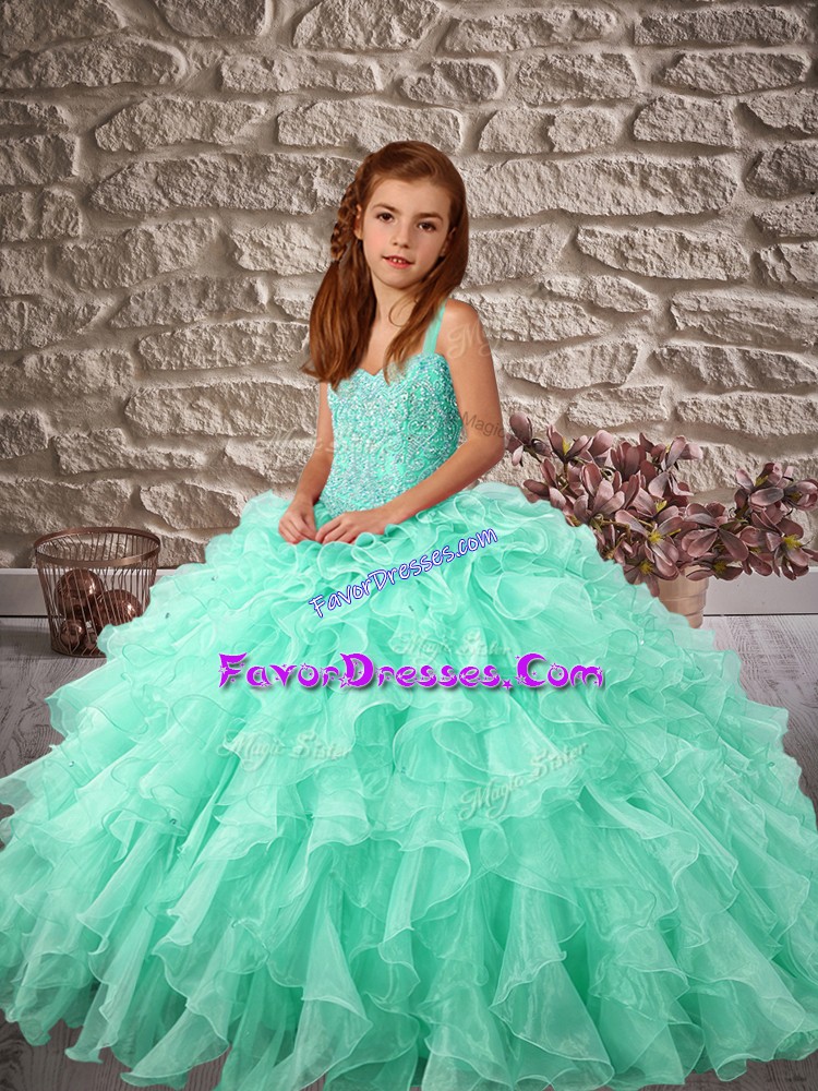 Superior Sleeveless Beading and Ruffles Lace Up Kids Formal Wear with Apple Green Sweep Train