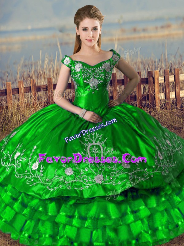  Sleeveless Satin Floor Length Lace Up Quince Ball Gowns in Green with Embroidery and Ruffled Layers