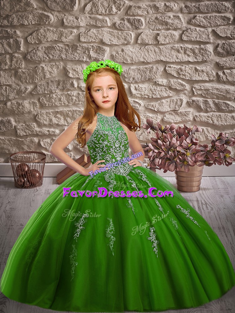Customized Tulle Halter Top Sleeveless Sweep Train Lace Up Beading Girls Pageant Dresses in Green