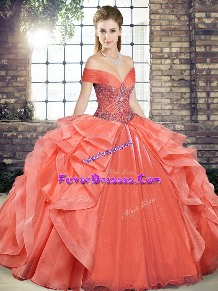 Elegant Orange Red Ball Gowns Beading and Ruffles Sweet 16 Dresses Lace Up Organza Sleeveless Floor Length