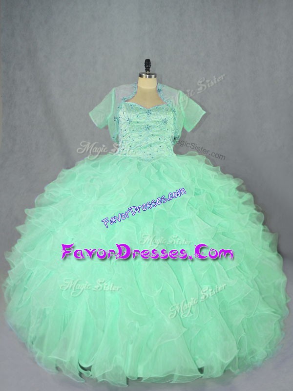  Sleeveless Organza Floor Length Lace Up Quince Ball Gowns in Apple Green with Beading and Ruffles