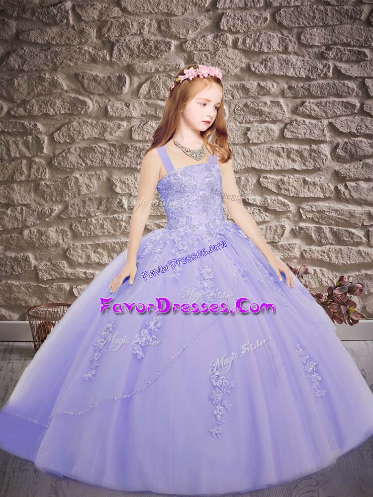  Lavender Girls Pageant Dresses Wedding Party with Appliques Straps Sleeveless Brush Train Lace Up