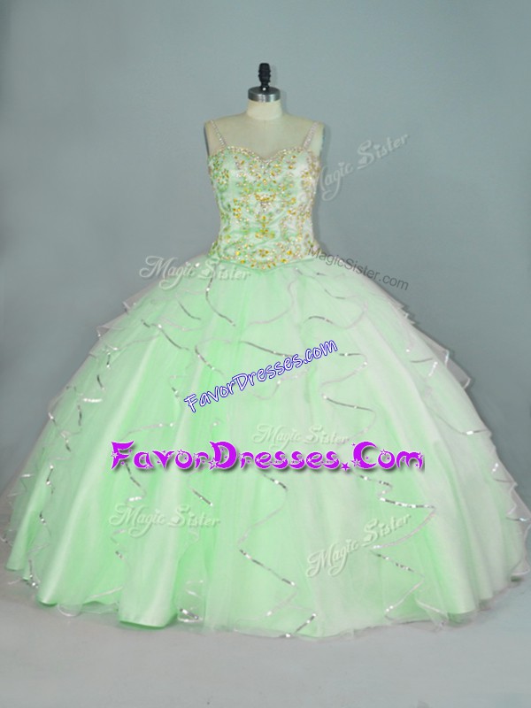 Vintage Apple Green Sleeveless Floor Length Beading and Ruffles Lace Up 15 Quinceanera Dress