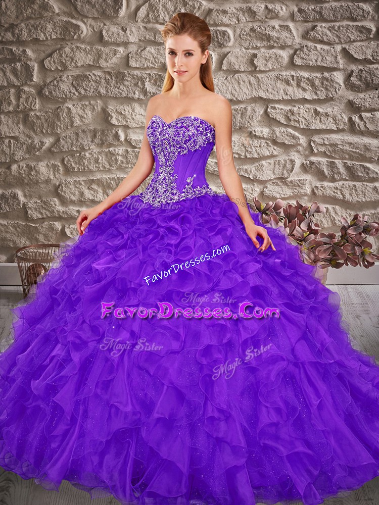 Sleeveless Organza Brush Train Lace Up Quinceanera Gown in Purple with Beading and Ruffles