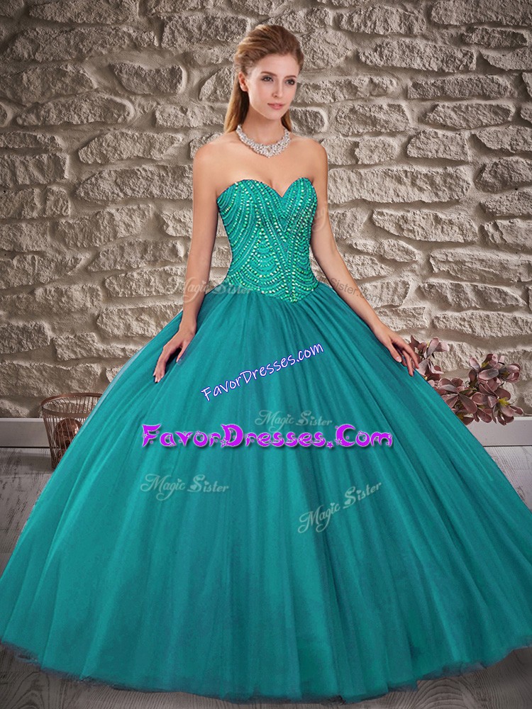 Deluxe Turquoise Tulle Lace Up Quinceanera Dresses Sleeveless Floor Length Beading