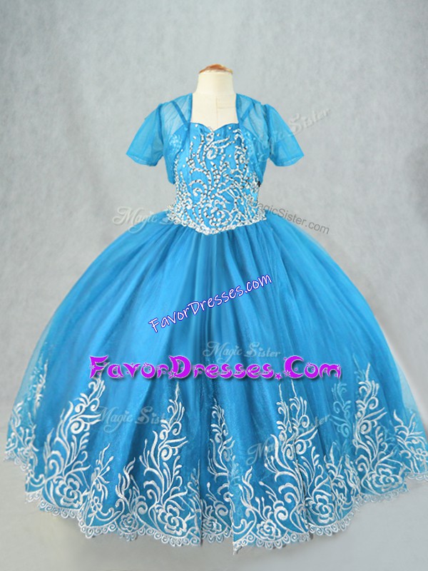  Baby Blue Lace Up Spaghetti Straps Beading and Embroidery Pageant Dress Toddler Tulle Sleeveless
