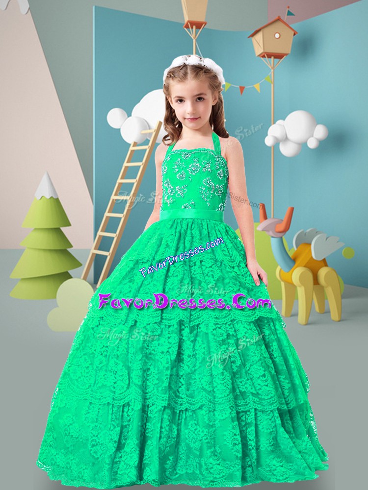  Halter Top Sleeveless Zipper Child Pageant Dress Turquoise Lace