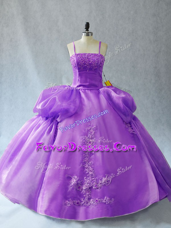 Superior Organza Spaghetti Straps Sleeveless Lace Up Appliques 15 Quinceanera Dress in Lavender