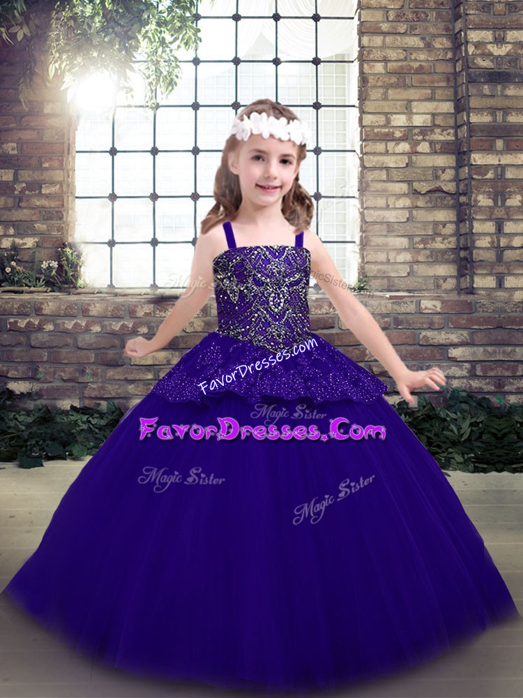  Purple Lace Up Little Girls Pageant Dress Beading Sleeveless Floor Length