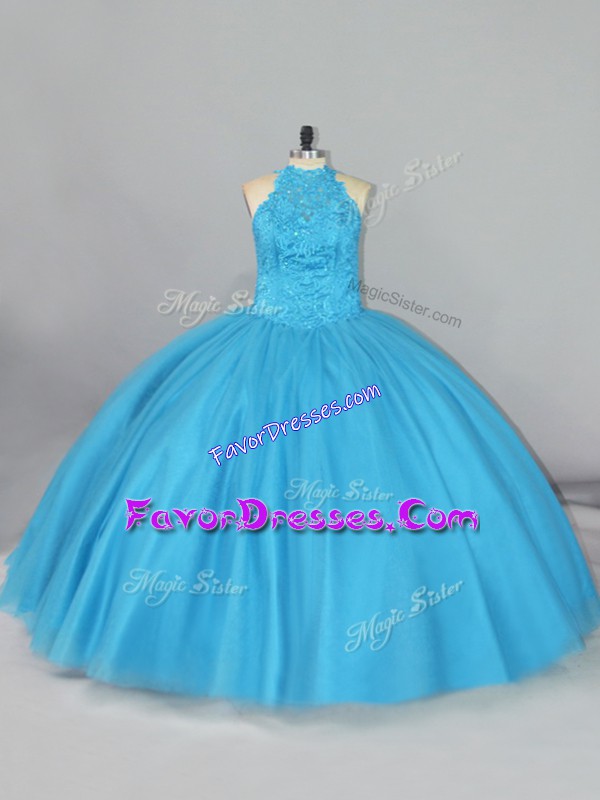  Aqua Blue Halter Top Lace Up Beading and Lace Sweet 16 Quinceanera Dress Brush Train Sleeveless