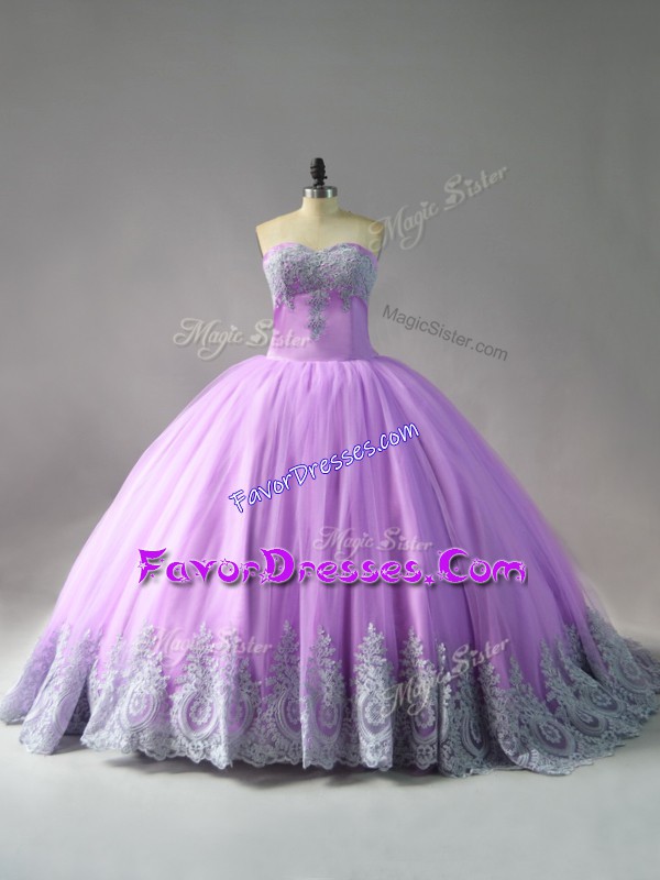 Flirting Lilac Tulle Lace Up 15th Birthday Dress Sleeveless Court Train Appliques