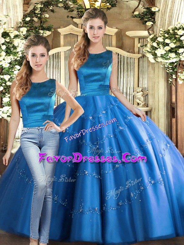 Sweet Blue Two Pieces Tulle Scoop Sleeveless Appliques Floor Length Lace Up Vestidos de Quinceanera
