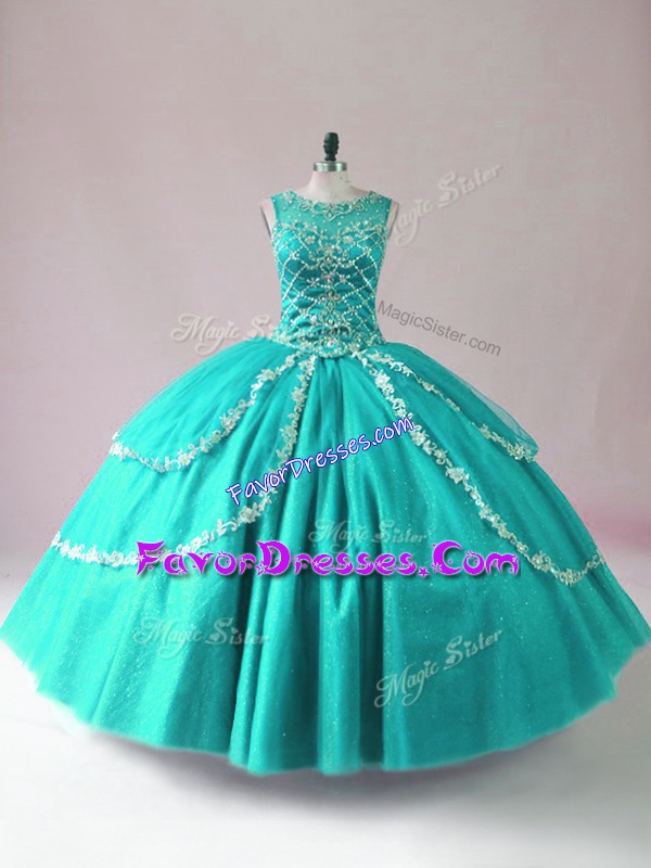  Scoop Sleeveless Zipper Ball Gown Prom Dress Turquoise Tulle