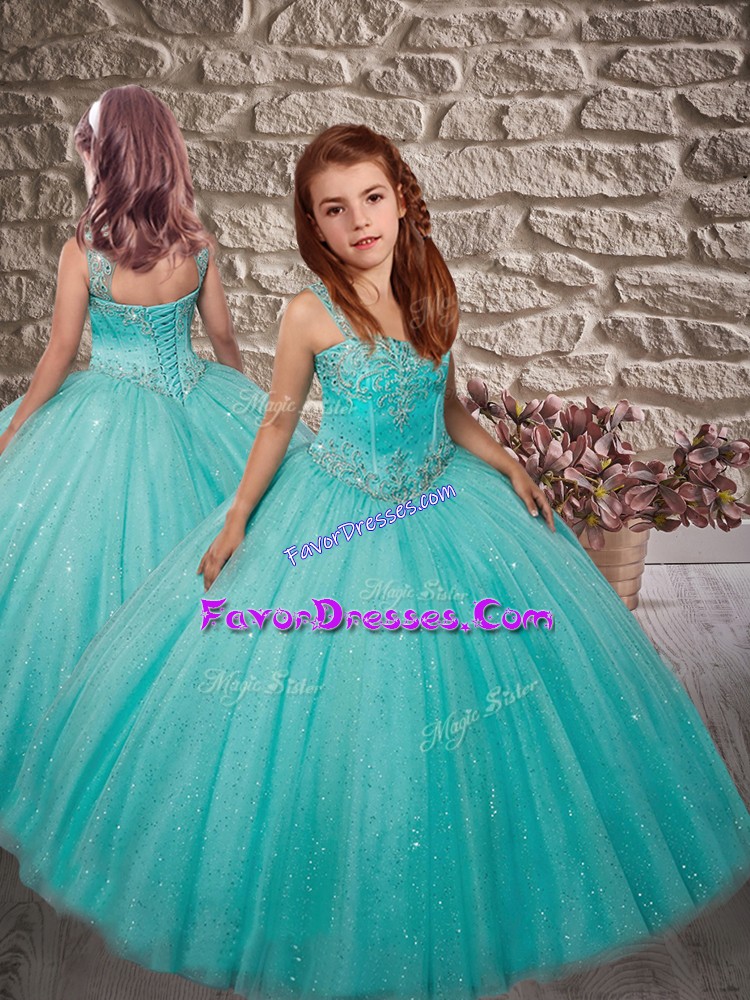 Charming Aqua Blue Little Girls Pageant Dress Wholesale Wedding Party with Beading Straps Sleeveless Lace Up