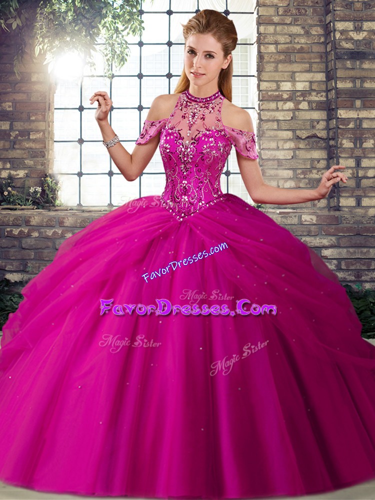 Customized Fuchsia Ball Gowns Tulle Halter Top Sleeveless Beading and Pick Ups Lace Up Quinceanera Gowns Brush Train