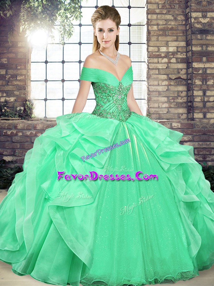  Apple Green Sleeveless Organza Lace Up Vestidos de Quinceanera for Military Ball and Sweet 16 and Quinceanera