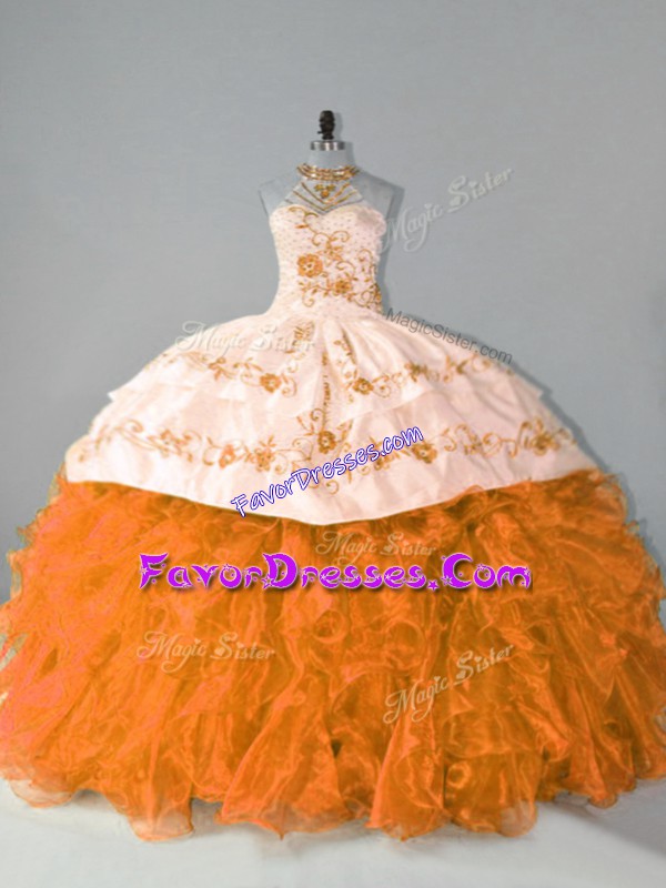 Luxurious Floor Length Orange Sweet 16 Quinceanera Dress Halter Top Sleeveless Court Train Lace Up