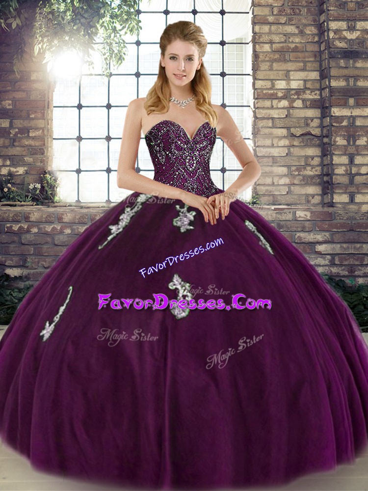  Dark Purple Lace Up Sweet 16 Dress Beading and Appliques Sleeveless Floor Length