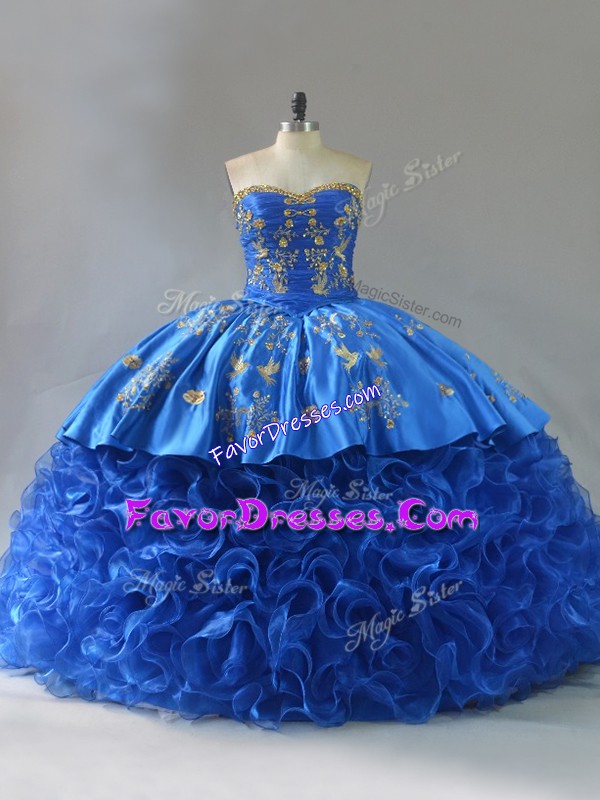  Royal Blue 15 Quinceanera Dress Fabric With Rolling Flowers Sleeveless Embroidery and Ruffles