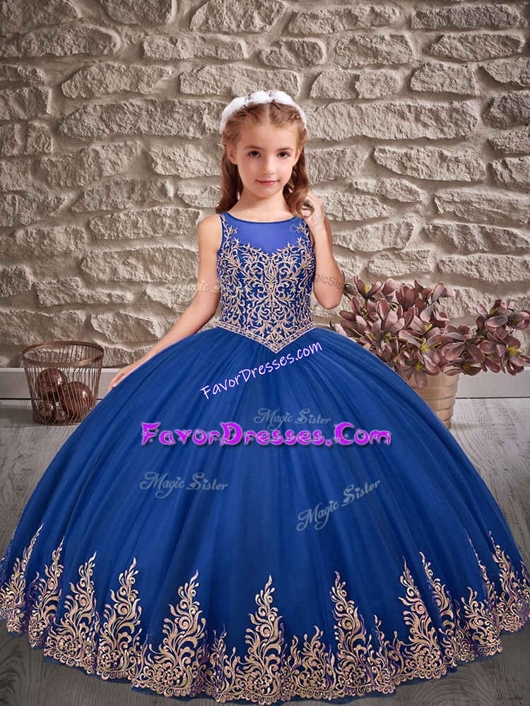  Tulle Scoop Sleeveless Lace Up Appliques Kids Pageant Dress in Blue