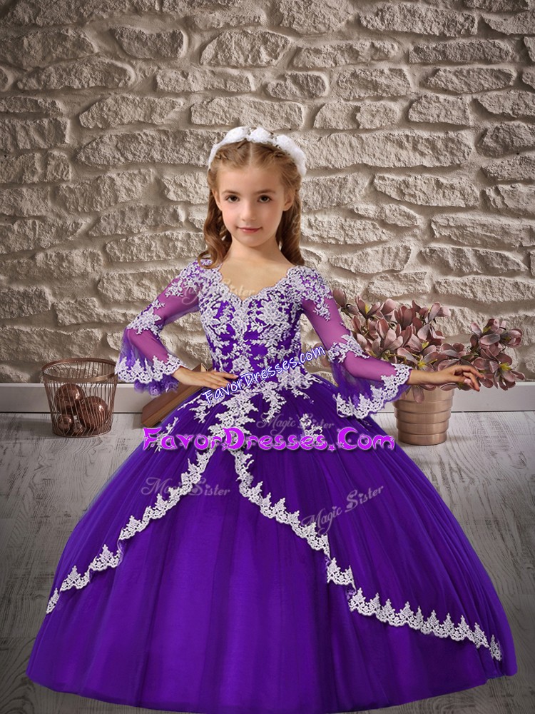 Best Purple 3 4 Length Sleeve Appliques Floor Length Pageant Dress for Womens