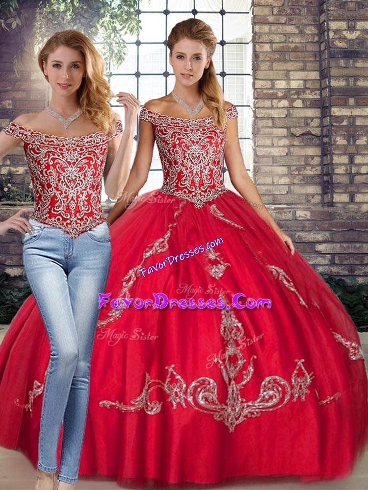 Pretty Floor Length Lace Up 15 Quinceanera Dress Red for Military Ball and Sweet 16 and Quinceanera with Beading and Embroidery