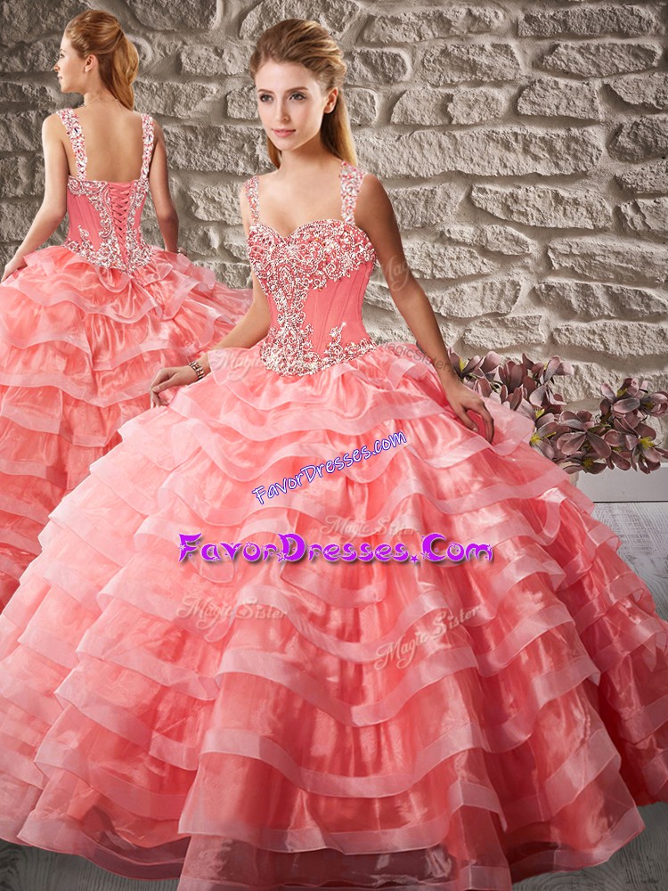 Top Selling Watermelon Red 15th Birthday Dress Organza Court Train Sleeveless Beading and Ruffled Layers