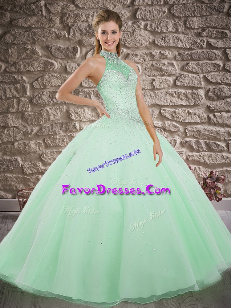  Apple Green Ball Gowns Beading Ball Gown Prom Dress Lace Up Tulle Sleeveless