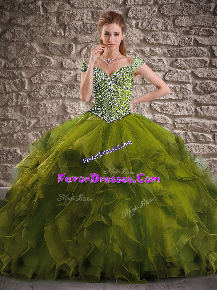  Olive Green Cap Sleeves Brush Train Beading and Ruffles Sweet 16 Quinceanera Dress