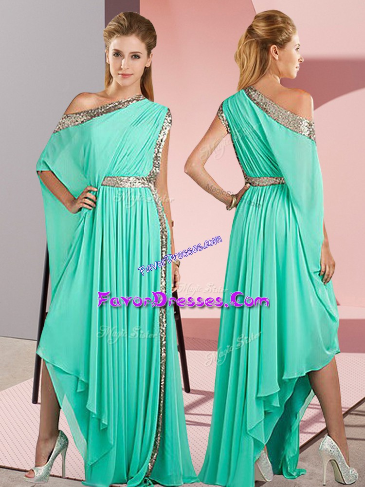 Attractive Turquoise Side Zipper Prom Dresses Sequins Sleeveless Asymmetrical