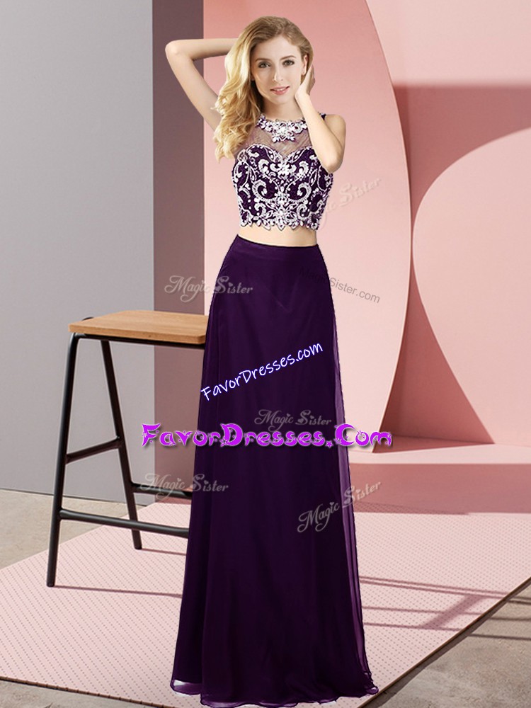  Floor Length Purple Juniors Evening Dress Scoop Sleeveless Backless