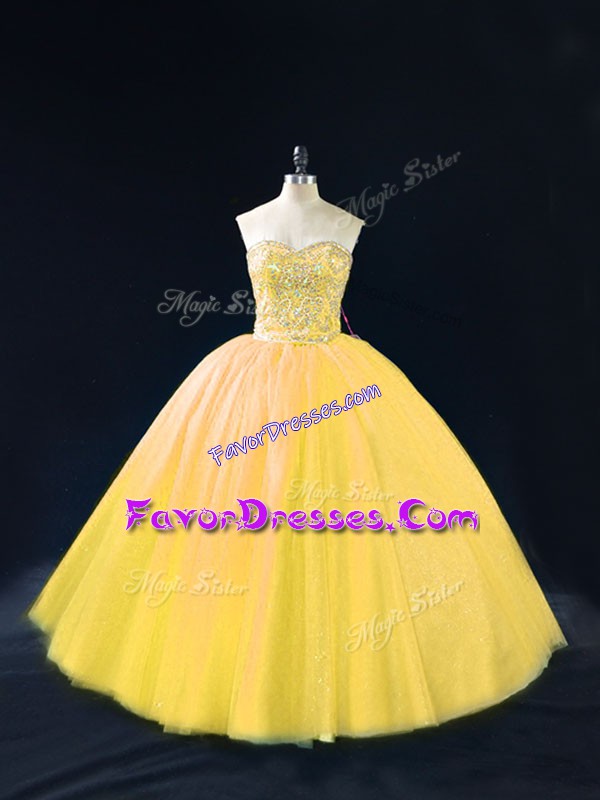  Sweetheart Sleeveless Quinceanera Gown Floor Length Beading Gold Tulle