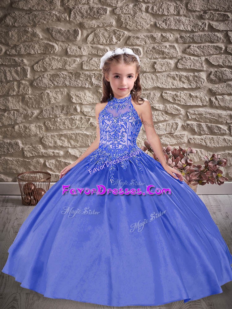  Blue Lace Up Halter Top Beading and Appliques Pageant Gowns Satin Sleeveless Sweep Train