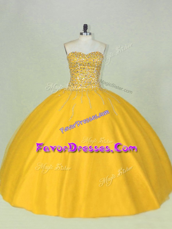 Cheap Gold Scoop Neckline Beading Ball Gown Prom Dress Sleeveless Lace Up
