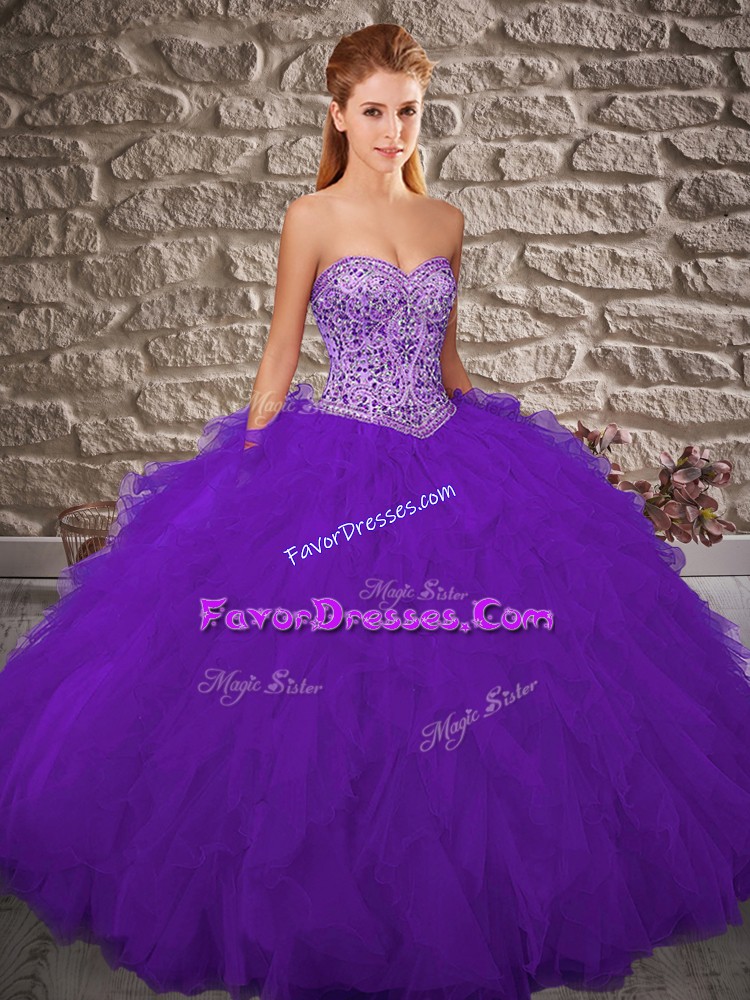 Spectacular Purple Sleeveless Floor Length Beading and Ruffles Lace Up 15th Birthday Dress