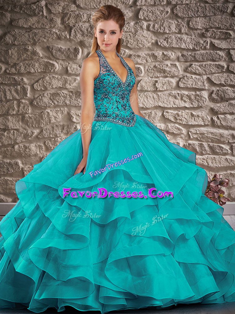 Hot Sale Teal Tulle Lace Up Halter Top Sleeveless Vestidos de Quinceanera Brush Train Beading and Ruffles