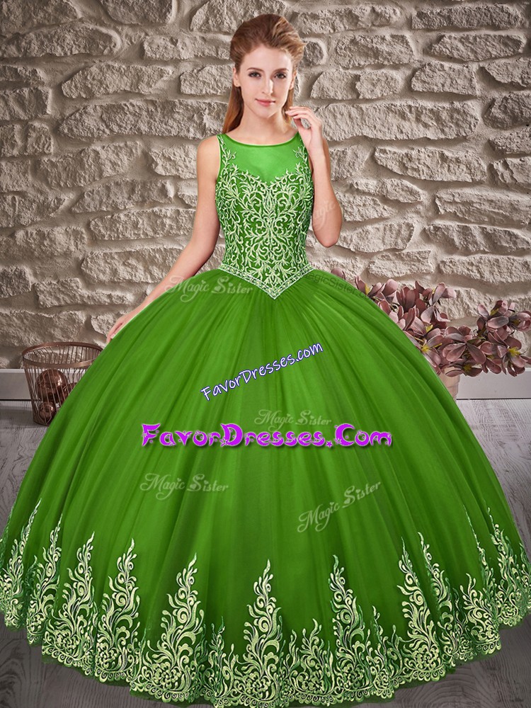 Modest Green Tulle Lace Up Scoop Sleeveless Floor Length Quince Ball Gowns Embroidery