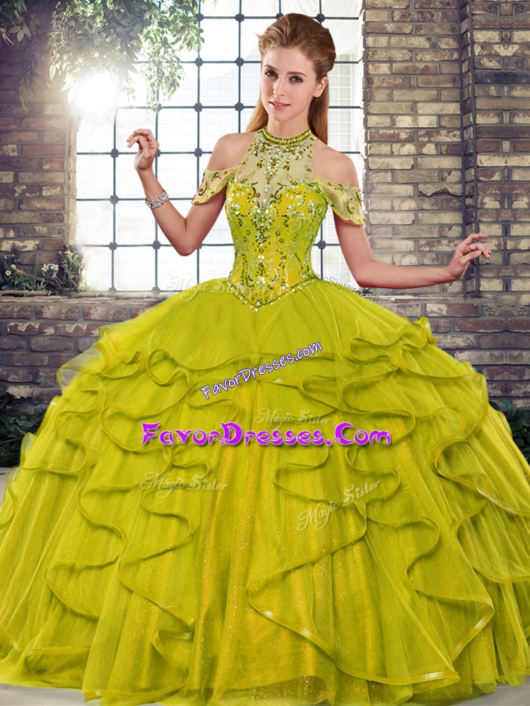 Enchanting Sleeveless Floor Length Beading and Ruffles Lace Up 15th Birthday Dress with Olive Green
