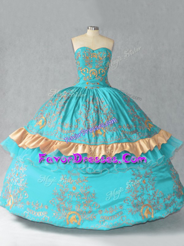 Sophisticated Aqua Blue Satin and Organza Lace Up Quinceanera Dresses Sleeveless Floor Length Embroidery and Bowknot