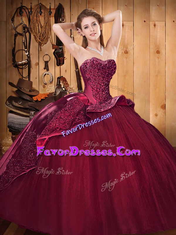 Edgy Brush Train Ball Gowns 15 Quinceanera Dress Burgundy Sweetheart Satin and Tulle Sleeveless Lace Up