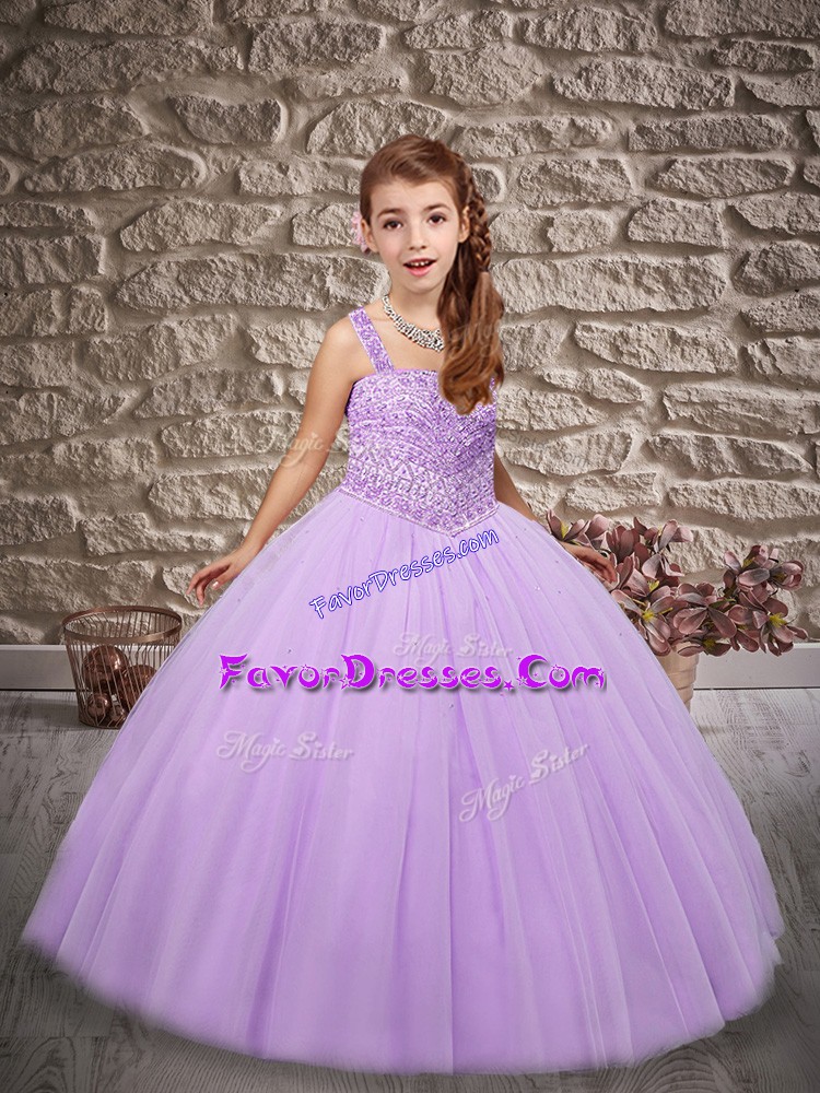Nice Beading Kids Pageant Dress Lavender Lace Up Sleeveless Floor Length