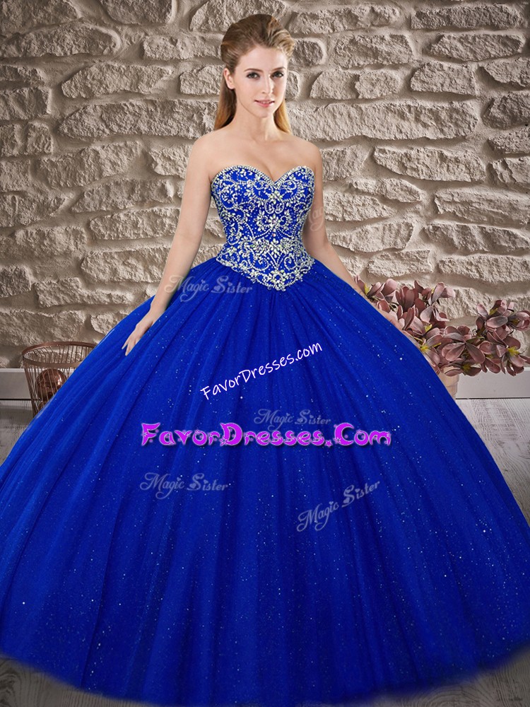  Royal Blue Sleeveless Tulle Brush Train Lace Up Vestidos de Quinceanera for Military Ball and Sweet 16 and Quinceanera