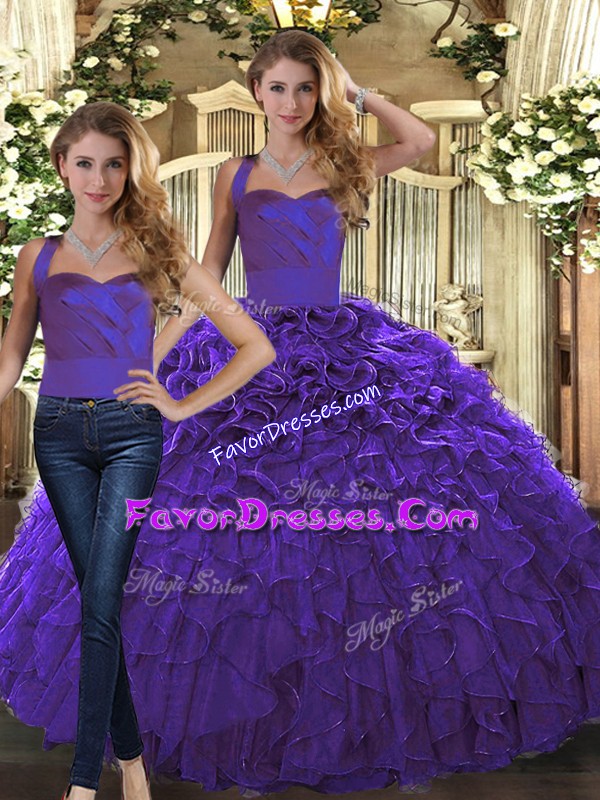Exceptional Purple Two Pieces Halter Top Sleeveless Organza Floor Length Lace Up Ruffles 15th Birthday Dress