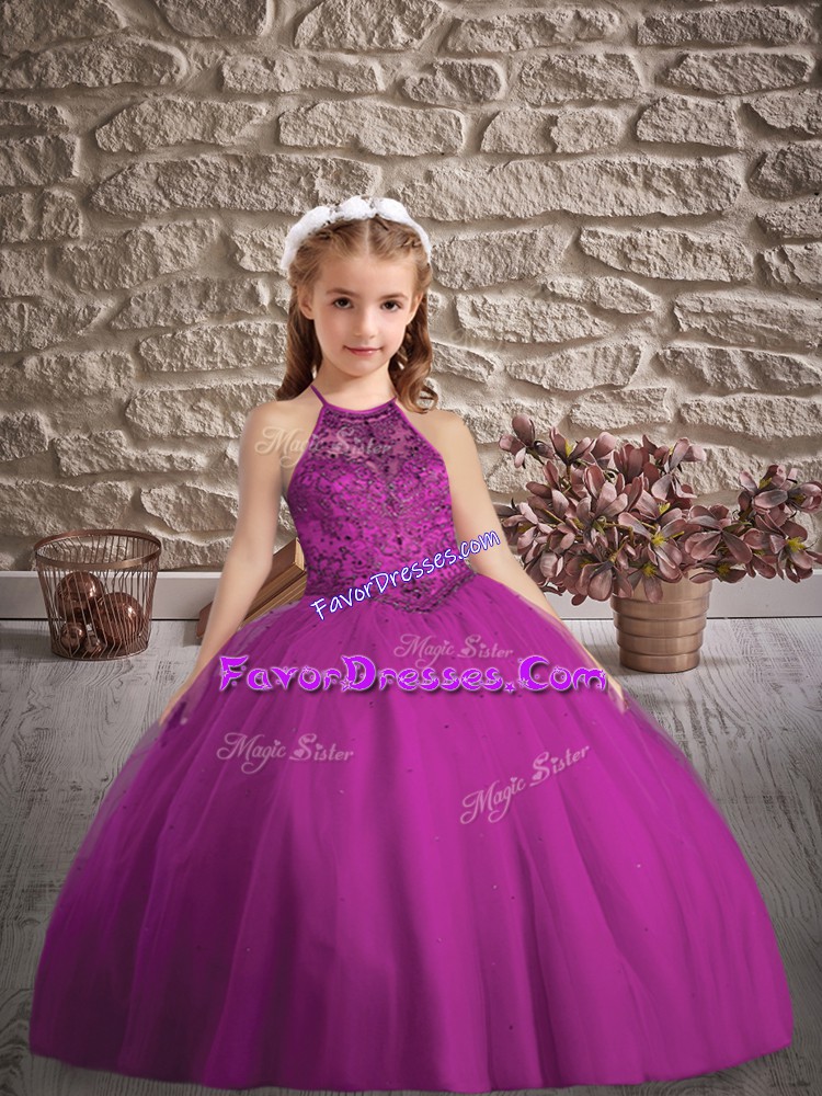  Sleeveless Beading Criss Cross Pageant Dress for Girls with Purple Sweep Train